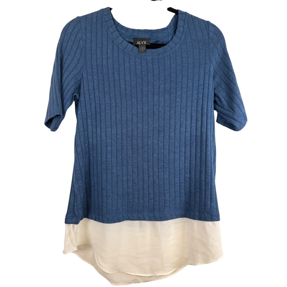 Alyx Women Blue Ribbed Short Sleeve Top Mixed Media Chiffon Hem Size M